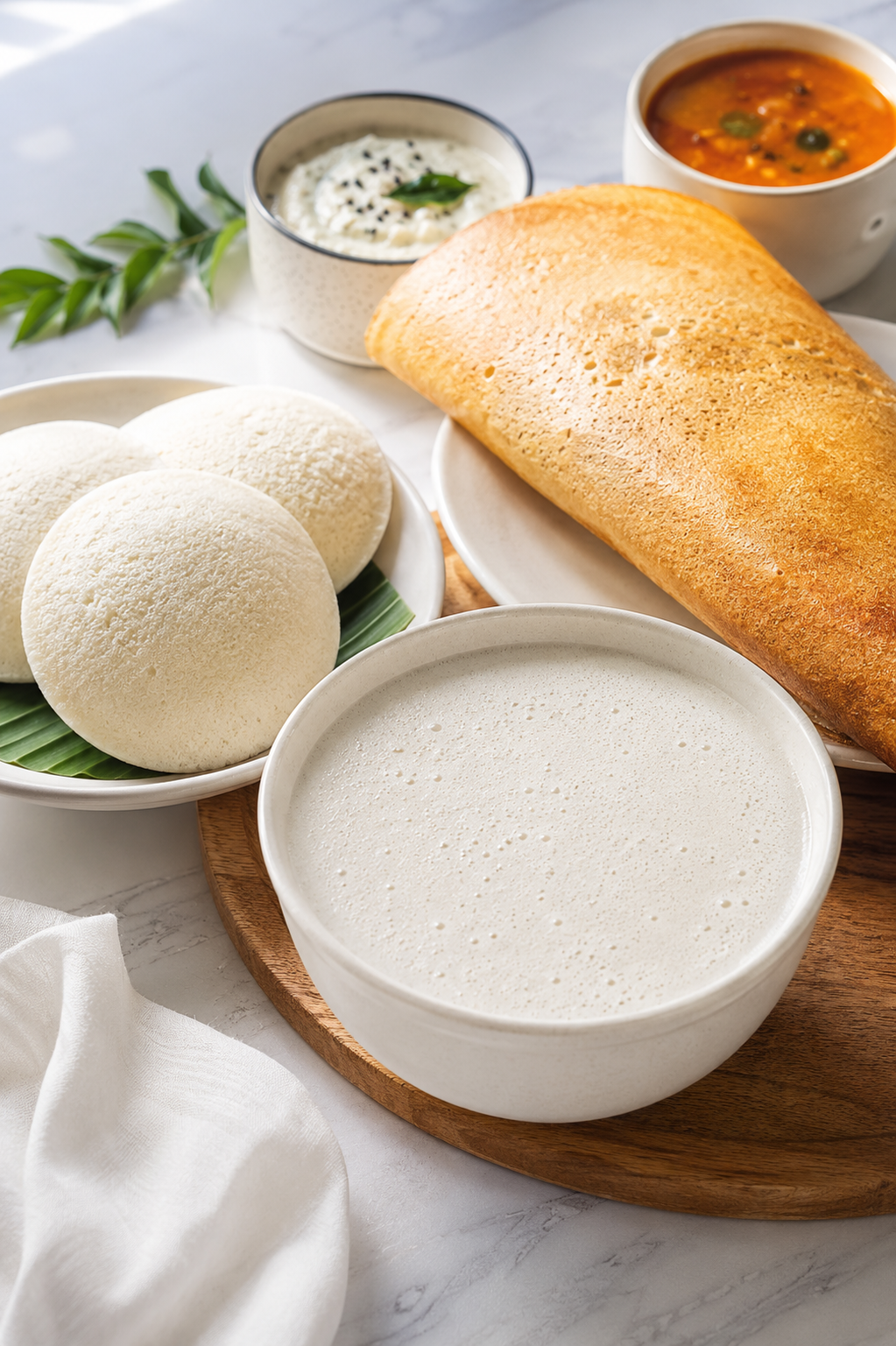 Soft idli, crispy dosa, coconut chutney, sambhar and fresh batter from Jain Satvik Delight